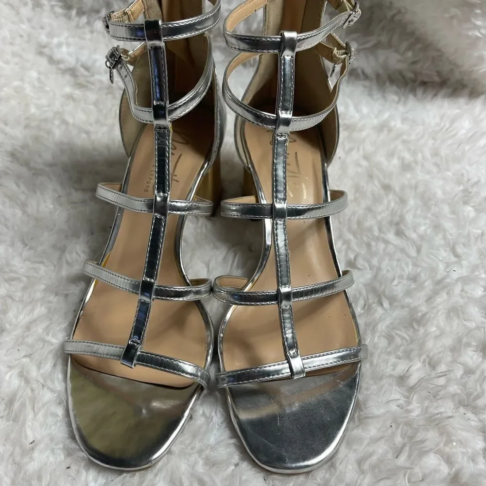 Nanette Lepore metallic silver T ankle straps sandals back zipper block 2” heels